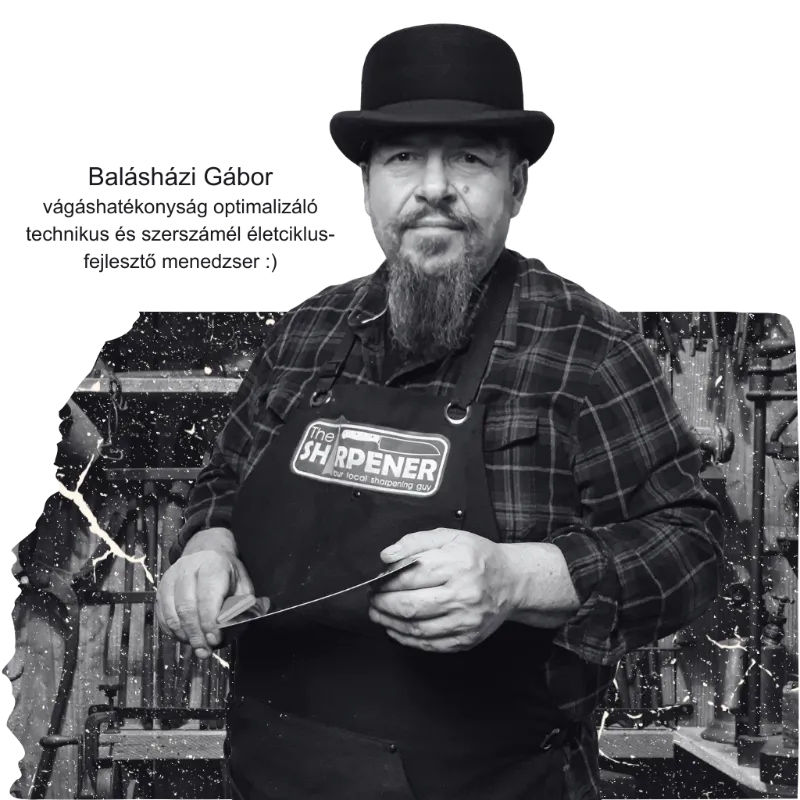 Balásházi Gábor, élező mester munka közben a műhelyben