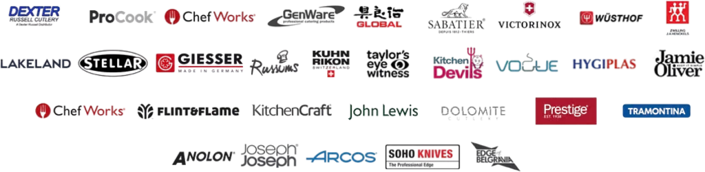 Késmárkák, amelyekkel dolgozunk: Victorinox, Wüsthof, Zwilling, Sabatier, Arcos, Tramontina, John Lewis és más ismert gyártók