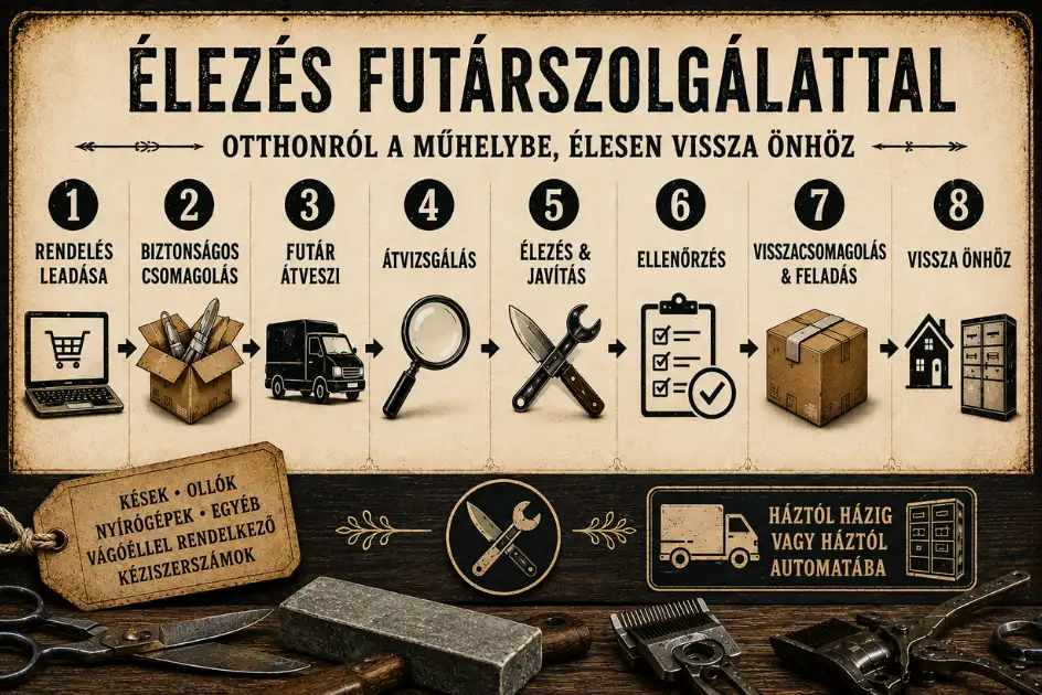 Futárszolgálatos élezés és javítás: rendelés, csomagolás, elszállítás, átvizsgálás, javítás, ellenőrzés és visszaszállítás